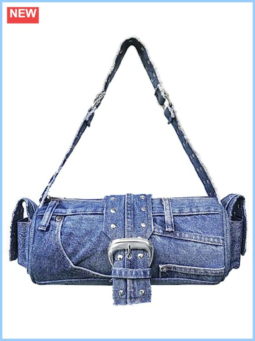 Handmade Upcycled Denim Barrel Shoulder Bag with Studded Belt Buckle Zip Top